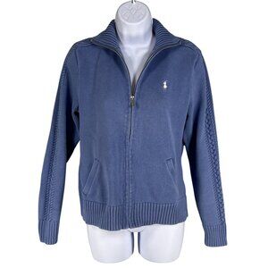 Ralph Lauren Sport Womens L Blue Full-Zip Sweater Cable Knit Detail Preppy